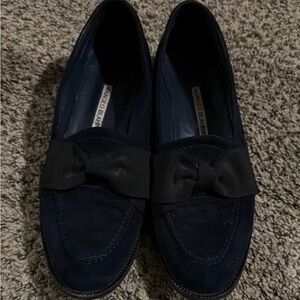 Manolo Blahnik Navy Loafers with Bow Accent